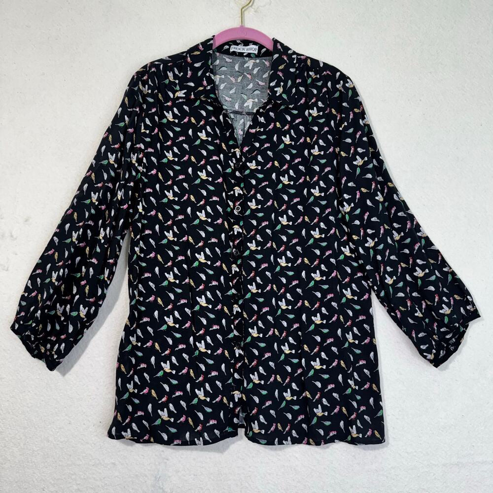 Frock Shop Finch Song Bird Print Button-Up 3/4 Sleeve Belted Blouse Size Large